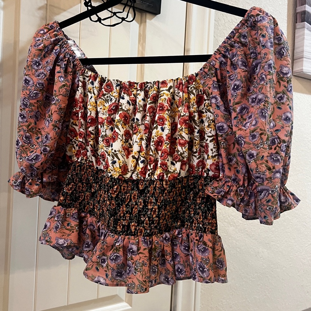 Free the Roses Floral Smocked Off-Shoulder Crop Top in Pink and Cream